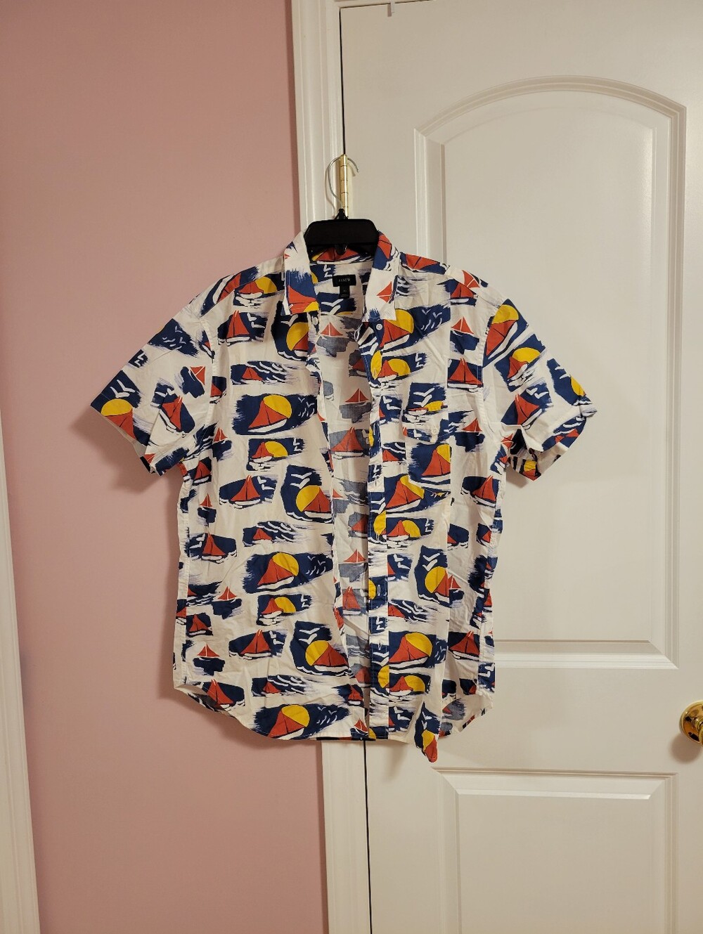 J.Crew Men's Short Sleeve Sailboat Print Button Down Shirt- XL- Nautical Coastal